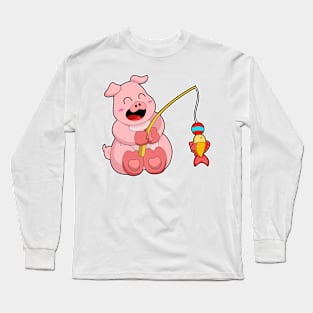 Pig at Fishing with Fish Long Sleeve T-Shirt